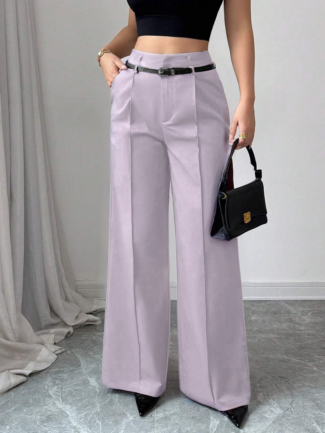 Elegant High-Waisted Straight Leg Trousers with Belt