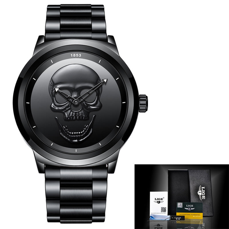 LIGE Men's Creative 3D Skull Watch - Punk Style Stainless Steel Quartz Wristwatch
