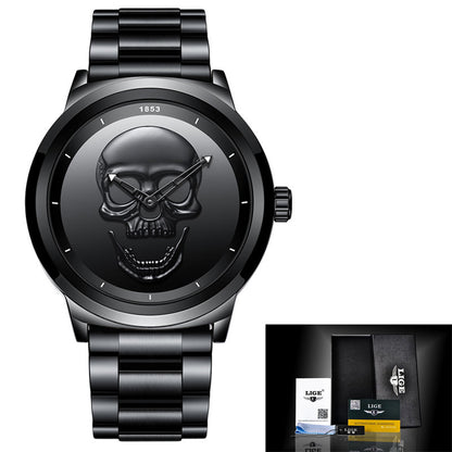 LIGE Men's Creative 3D Skull Watch - Punk Style Stainless Steel Quartz Wristwatch