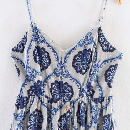 Elegant Printed Chiffon Maxi Dress - Loose Casual Strap Dress for Vacation