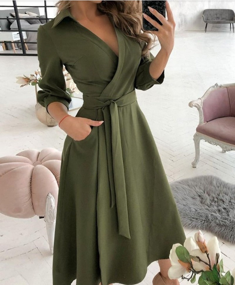 Elegant V-Neck Wrap Midi Dress - Chic Long Sleeve Office & Party Wear for Women