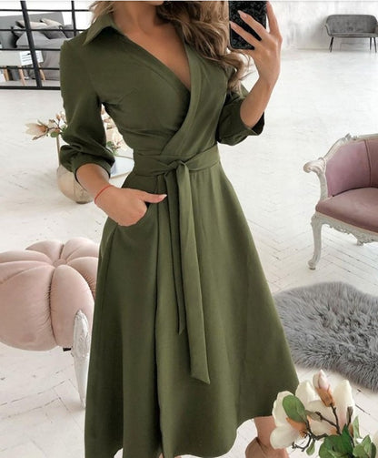 Elegant V-Neck Wrap Midi Dress - Chic Long Sleeve Office & Party Wear for Women