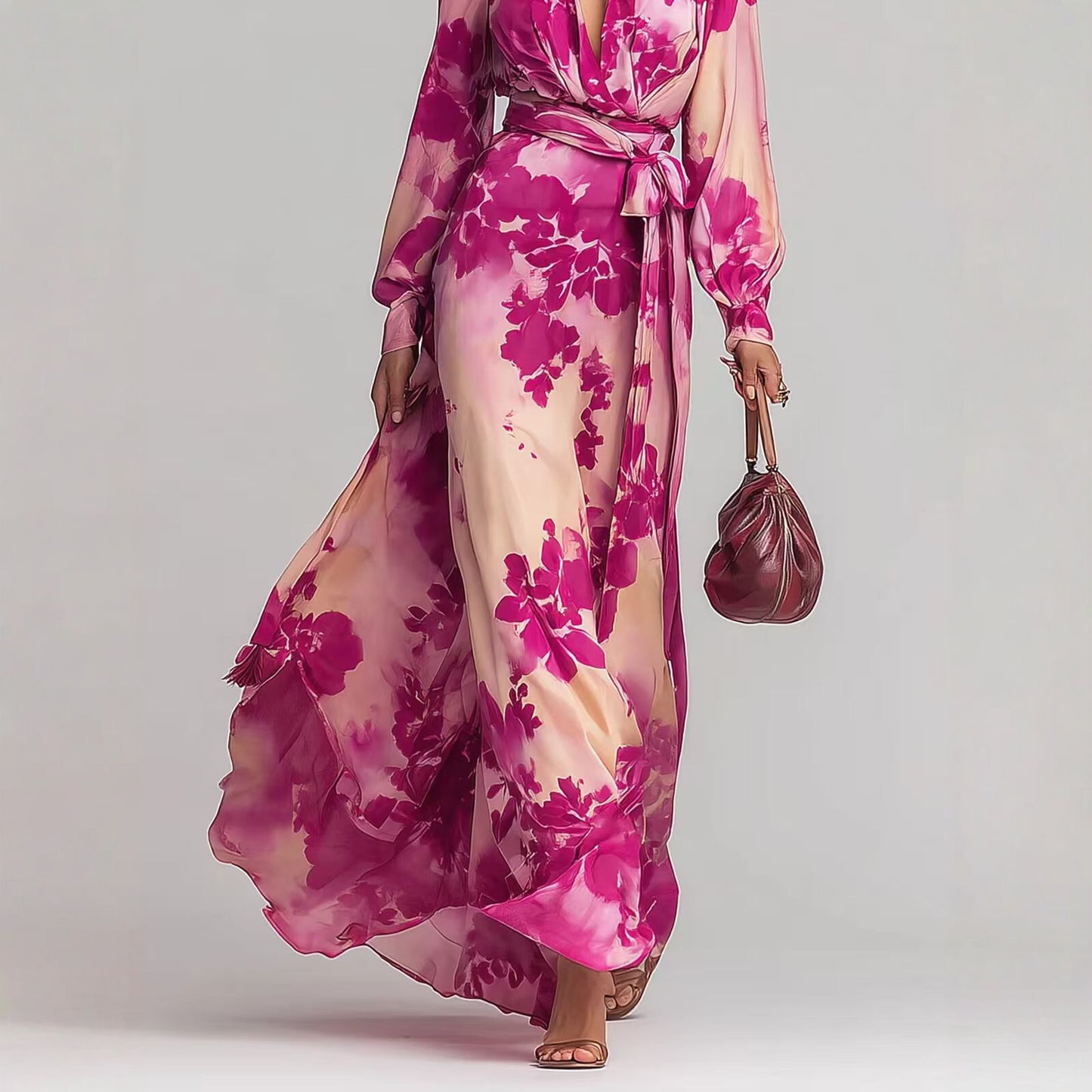 Women's Printed Chiffon V-Neck Maxi Dress - Elegant Long Sleeve Tie-Up Gown