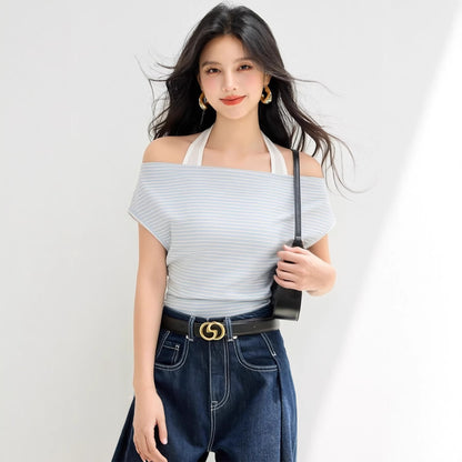 Women's Casual Striped Off-Shoulder Top - Halter Neck Fitted Shirt