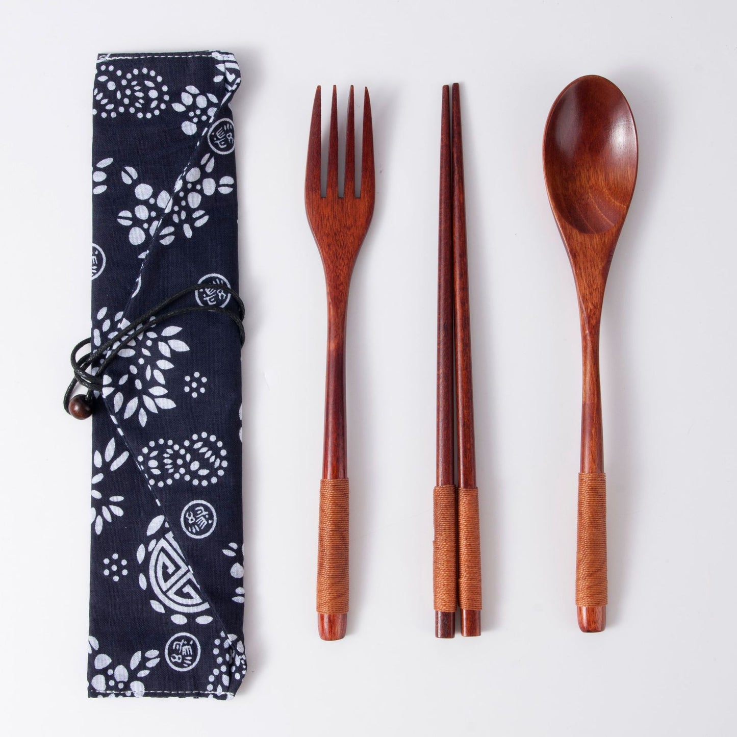 Japanese Style 3-Piece Portable Wooden Cutlery Set with Pouch