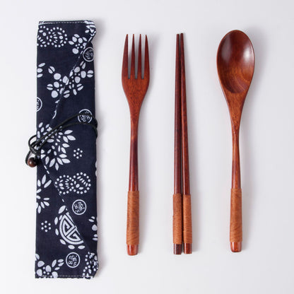 Japanese Style 3-Piece Portable Wooden Cutlery Set with Pouch