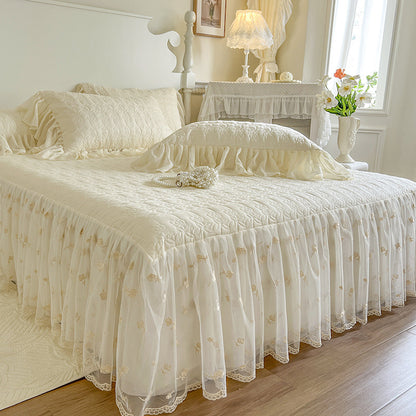 Luxury Lace Rose Embroidery Cotton Bedding Set – Romantic 4-Piece Duvet Cover with Ruffled Bed Skirt
