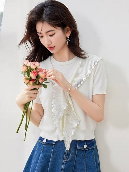 Elegant Ice Silk Short Sleeve Knitted Top - Everyday Casual Wear for Women
