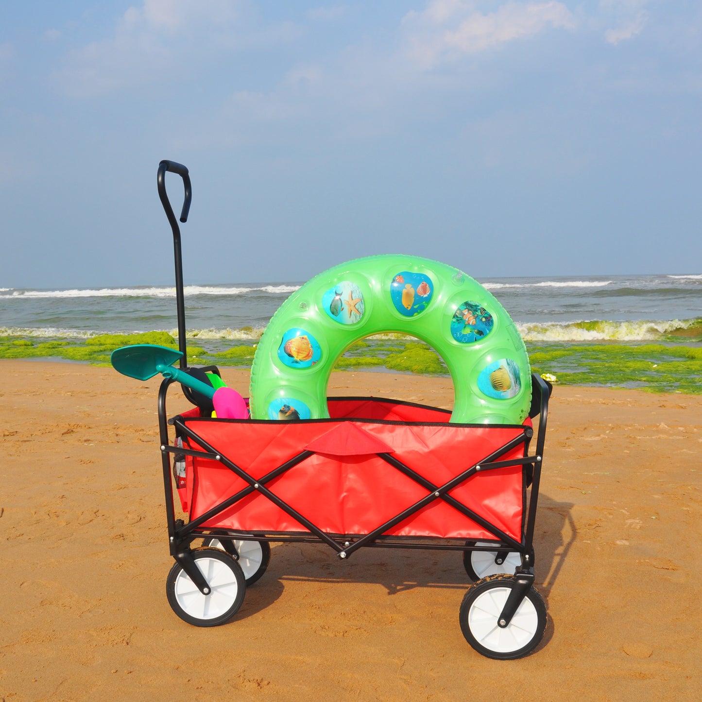 Folding Wagon Garden Shopping Beach Cart – Heavy Duty Red Utility Cart