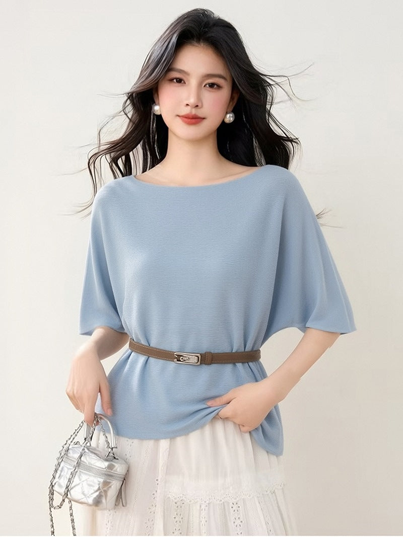 Women's Ice Silk Knit Top - Summer Loose Casual Short Sleeve T-Shirt