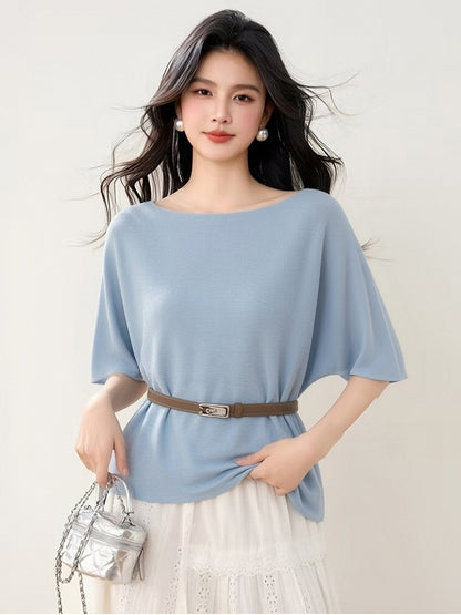 Women's Ice Silk Knit Top - Summer Loose Casual Short Sleeve T-Shirt