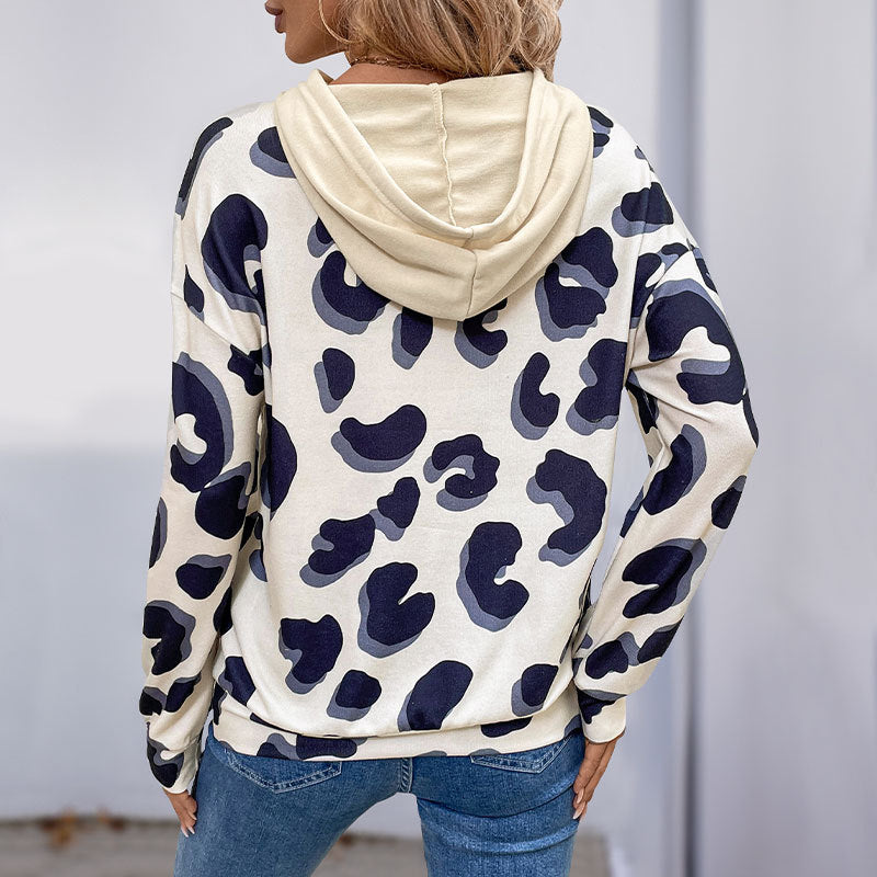 Leopard Print Patchwork Hollowed Out Hooded Sweatshirt | Fake Two-Piece Pullover Top