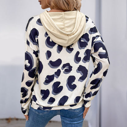 Leopard Print Patchwork Hollowed Out Hooded Sweatshirt | Fake Two-Piece Pullover Top