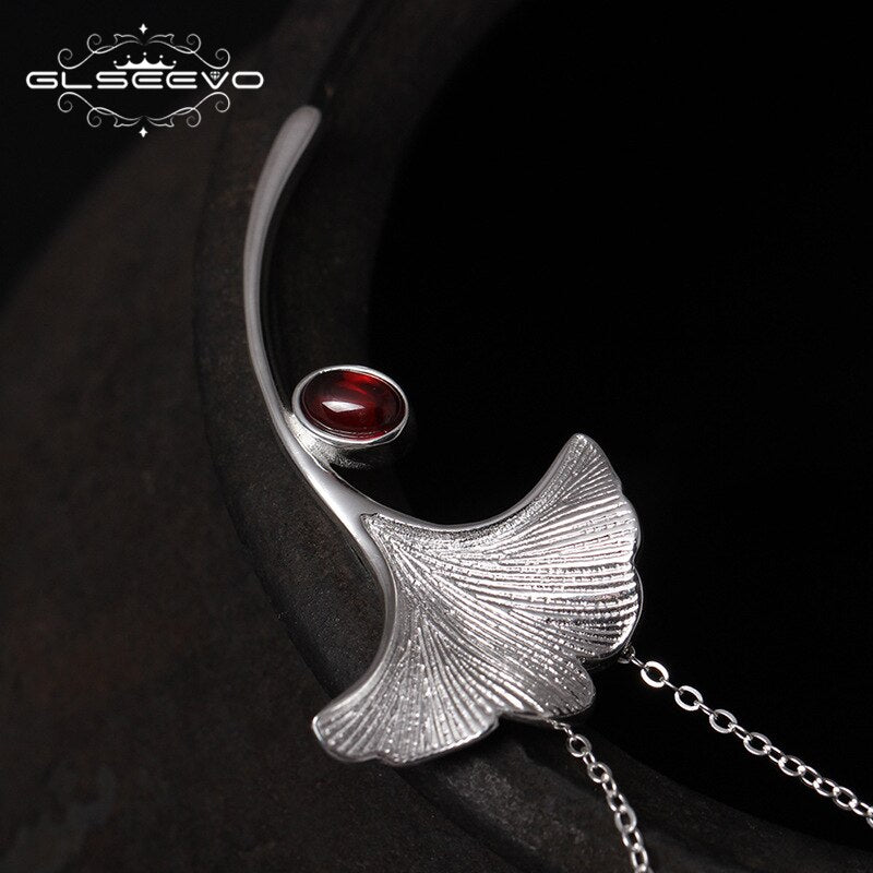 Luxury 925 Sterling Silver Ginkgo Biloba Leaf Brooch with Natural Garnet / Fine Jewellery Pin for Women