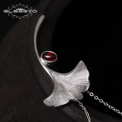 Luxury 925 Sterling Silver Ginkgo Biloba Leaf Brooch with Natural Garnet / Fine Jewellery Pin for Women