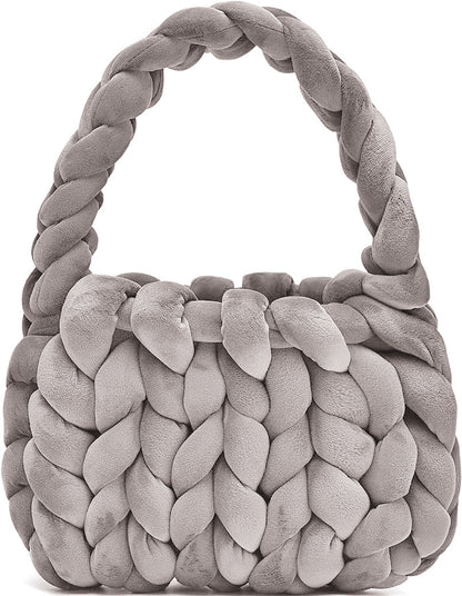 Chunky Hand-Knitted Velvet Yarn Shoulder Bag - Pink