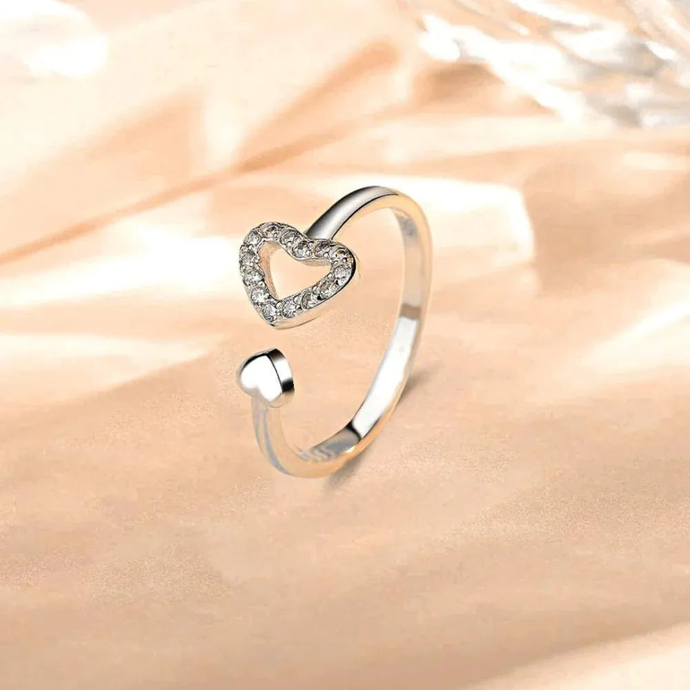 Dainty 925 Silver Zircon Pave Heart Open Ring