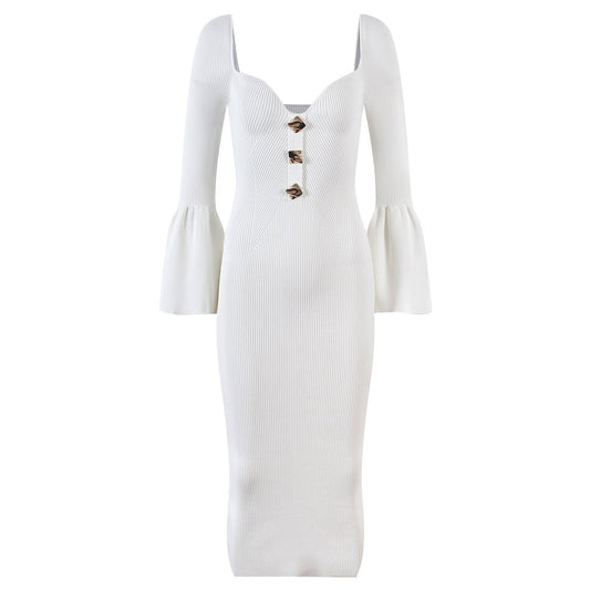 Elegant Knitted Heart-Collar Long Sleeve Dress - European Style Slim Fit Midi Skirt with Decorative Buttons