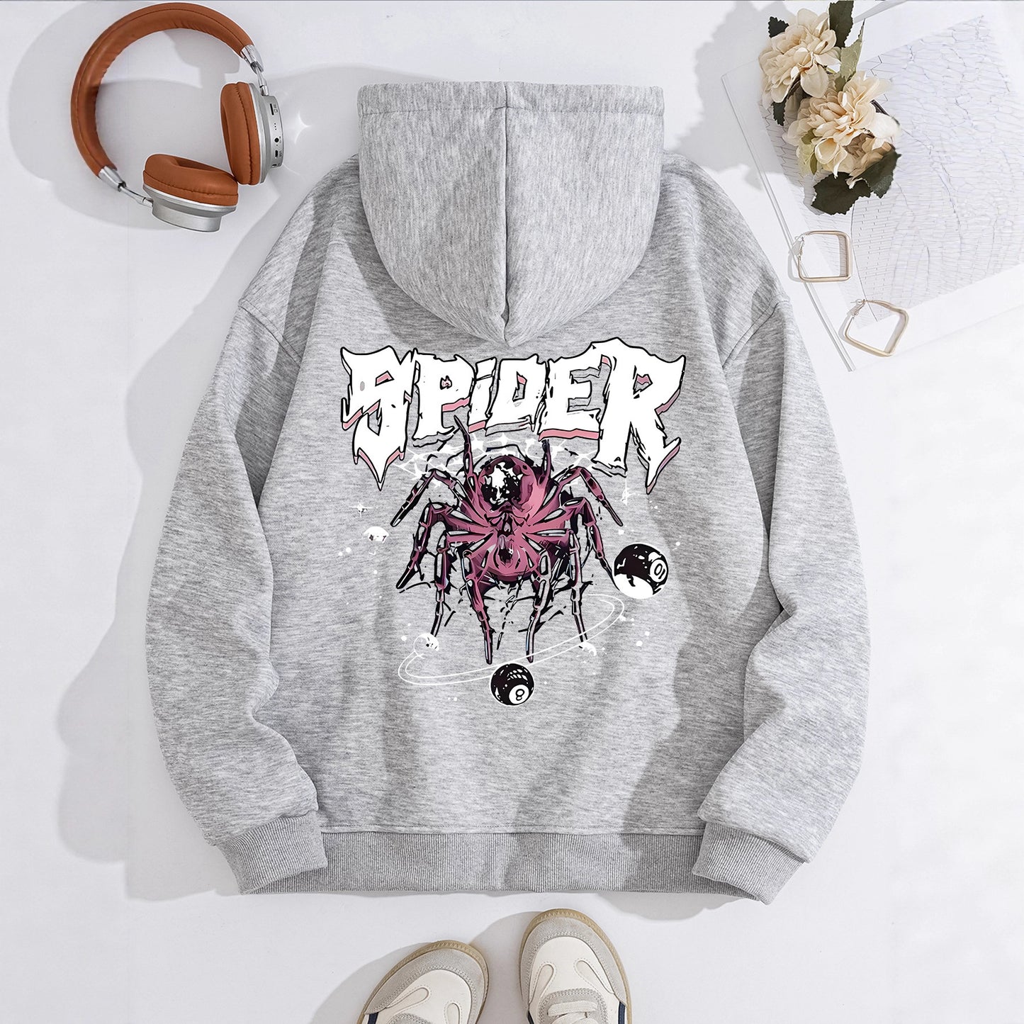 Grunge Spider Graphic Print Hoodie | Oversized Lavender Pullover for Streetwear