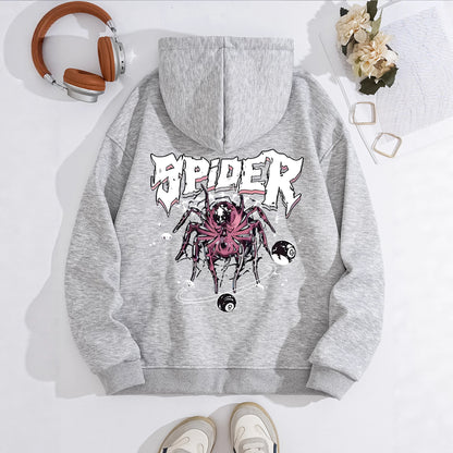 Grunge Spider Graphic Print Hoodie | Oversized Lavender Pullover for Streetwear