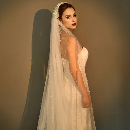 Royal Cathedral Length Wedding Veil with Pearl Beaded Headband / Extra Long Bridal Veil with Comb Hair Accessories