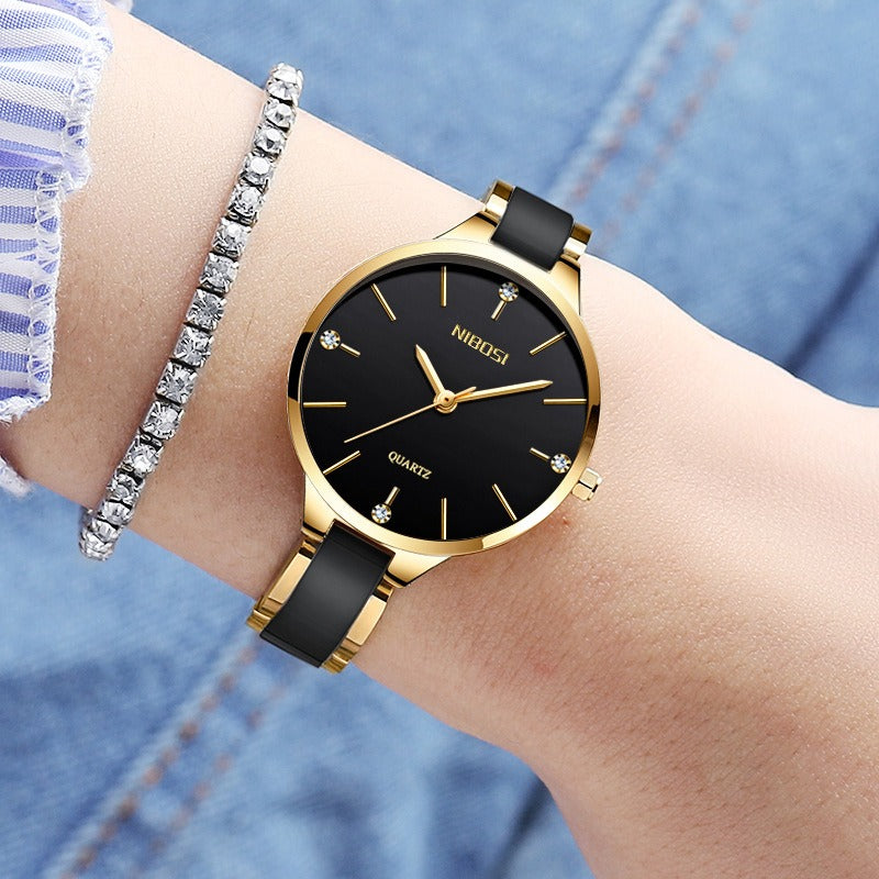NIBOSI 2330 Luxury Ceramic Bracelet Watch for Ladies - Creative Quartz Watch for Women