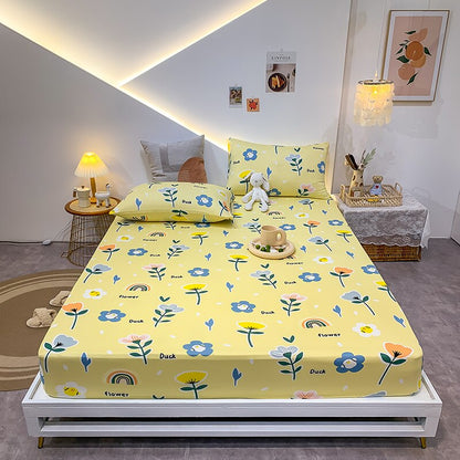 Premium Cotton Elastic Fitted Bed Sheet – Non-Slip Geometric Printed Bed Linen for Queen & King Size Beds