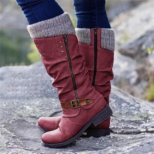 Women's Thick Heel Yarn Splicing Mid-Calf Boots with Side Zipper