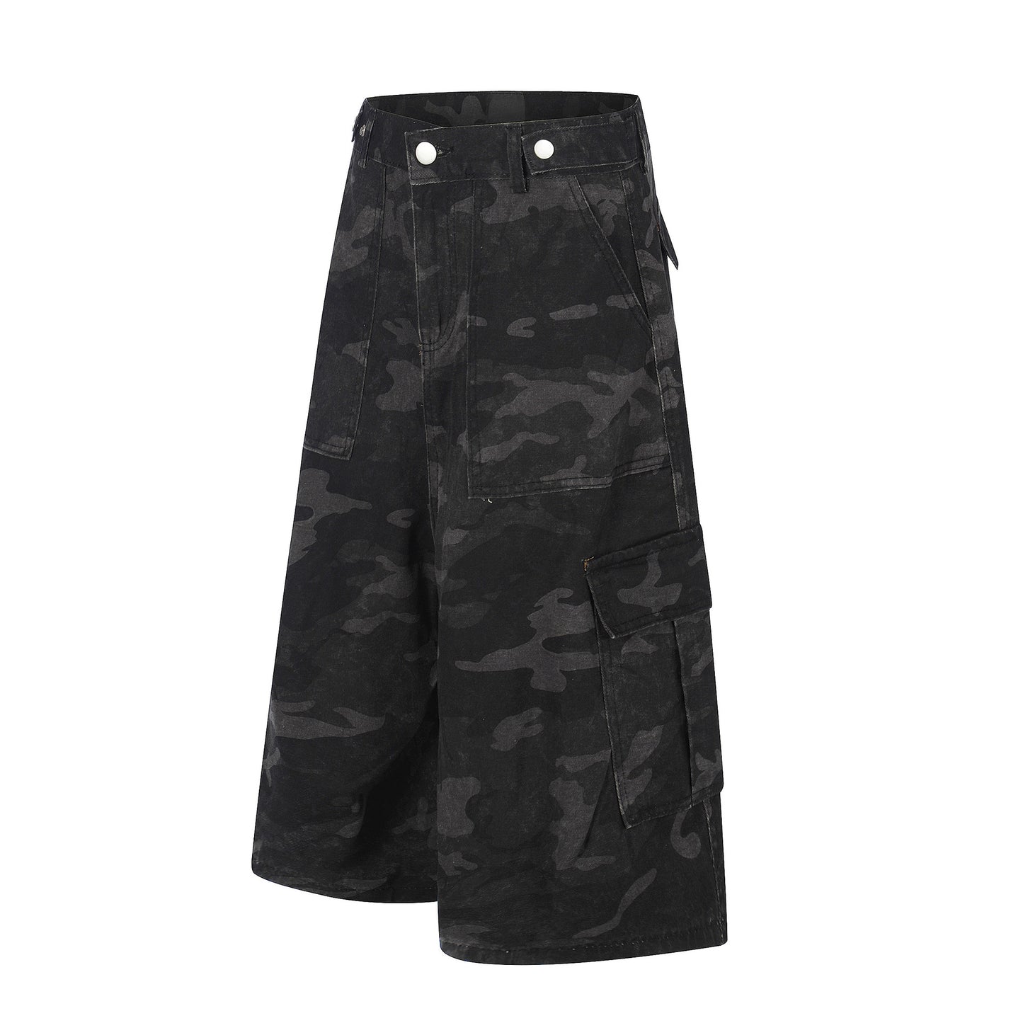Dark Camo Multi-Pocket Cargo Shorts - Tactical Wide Leg Denim Streetwear Pants