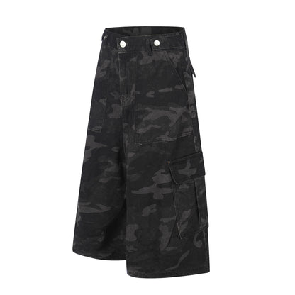Dark Camo Multi-Pocket Cargo Shorts - Tactical Wide Leg Denim Streetwear Pants