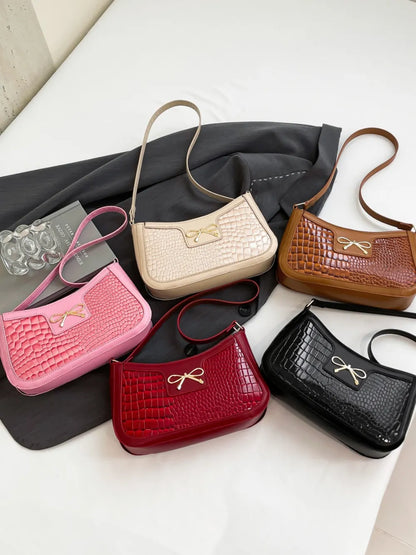 Elegant Crocodile Pattern PU Leather Shoulder Bag with Bow Detail