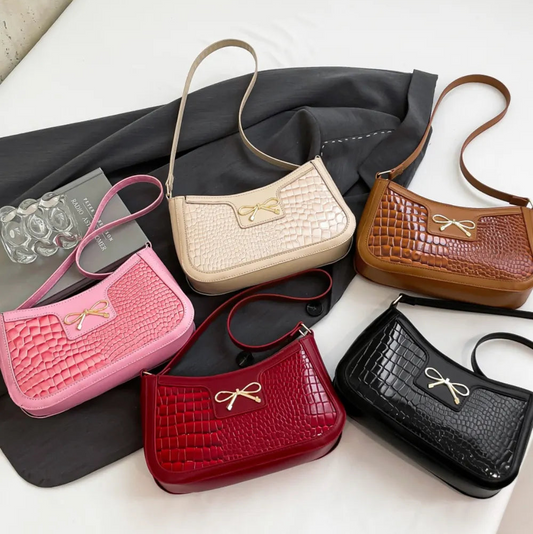 Elegant Crocodile Pattern PU Leather Shoulder Bag with Bow Detail