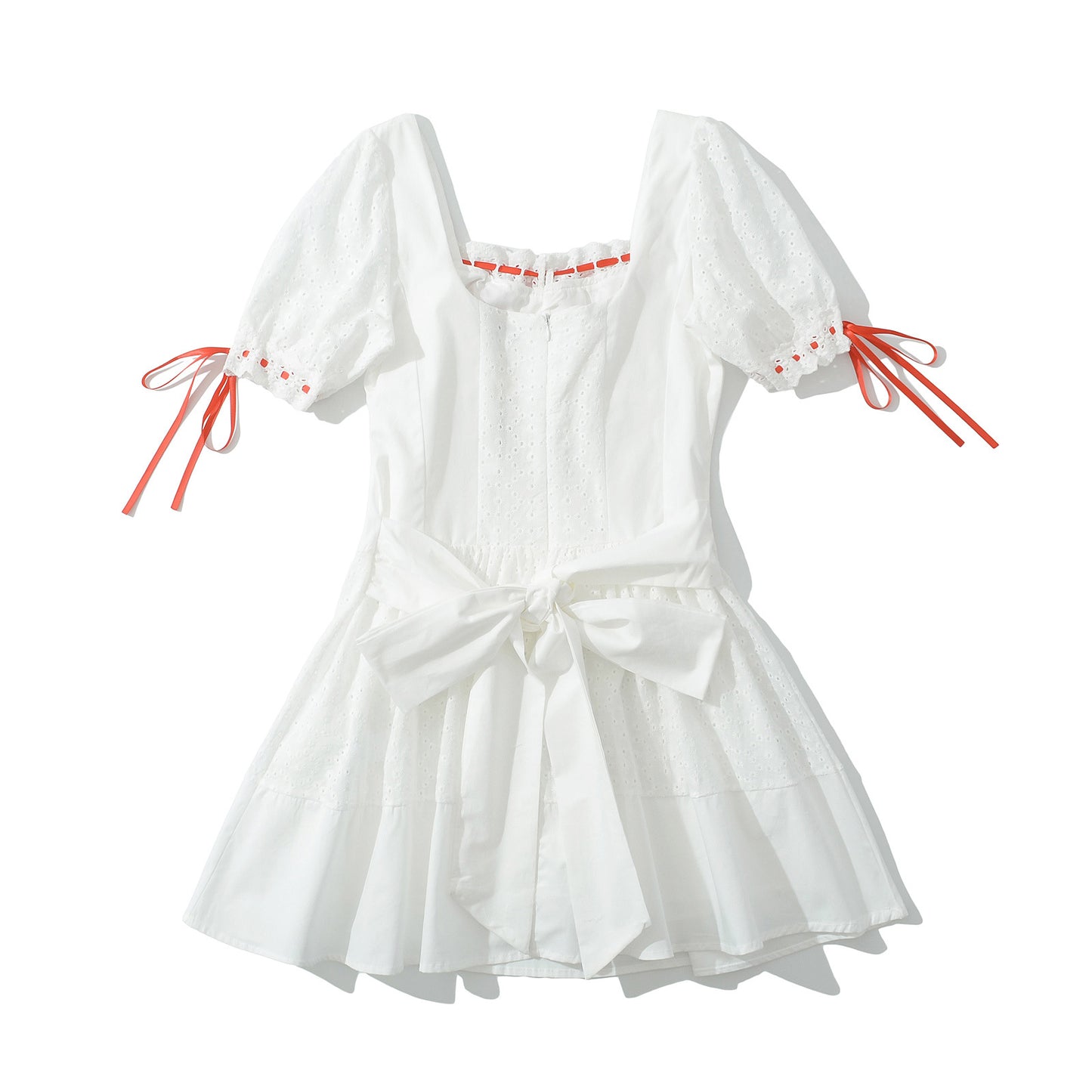 Romantic White Lace Hollow Short Dress - Elegant Bow Design Puff Sleeve Mini Skirt for Women
