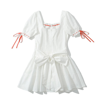 Romantic White Lace Hollow Short Dress - Elegant Bow Design Puff Sleeve Mini Skirt for Women