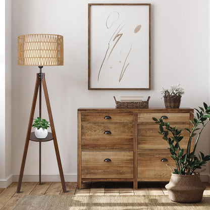 Boho Wooden Tripod Floor Lamp – Elegant Standing Lamp with Rattan Shade & Built-in Shelf for Bedroom Decor