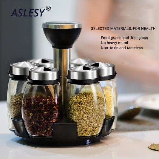 ASLESY Rotating Spice Rack Set with Cruet Condiment Seasoning Jars