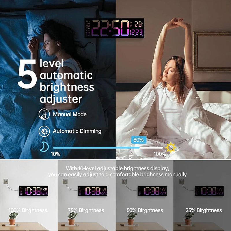 Modern RGB Digital Wall Mount Clock with Dual Alarms & Memory Function