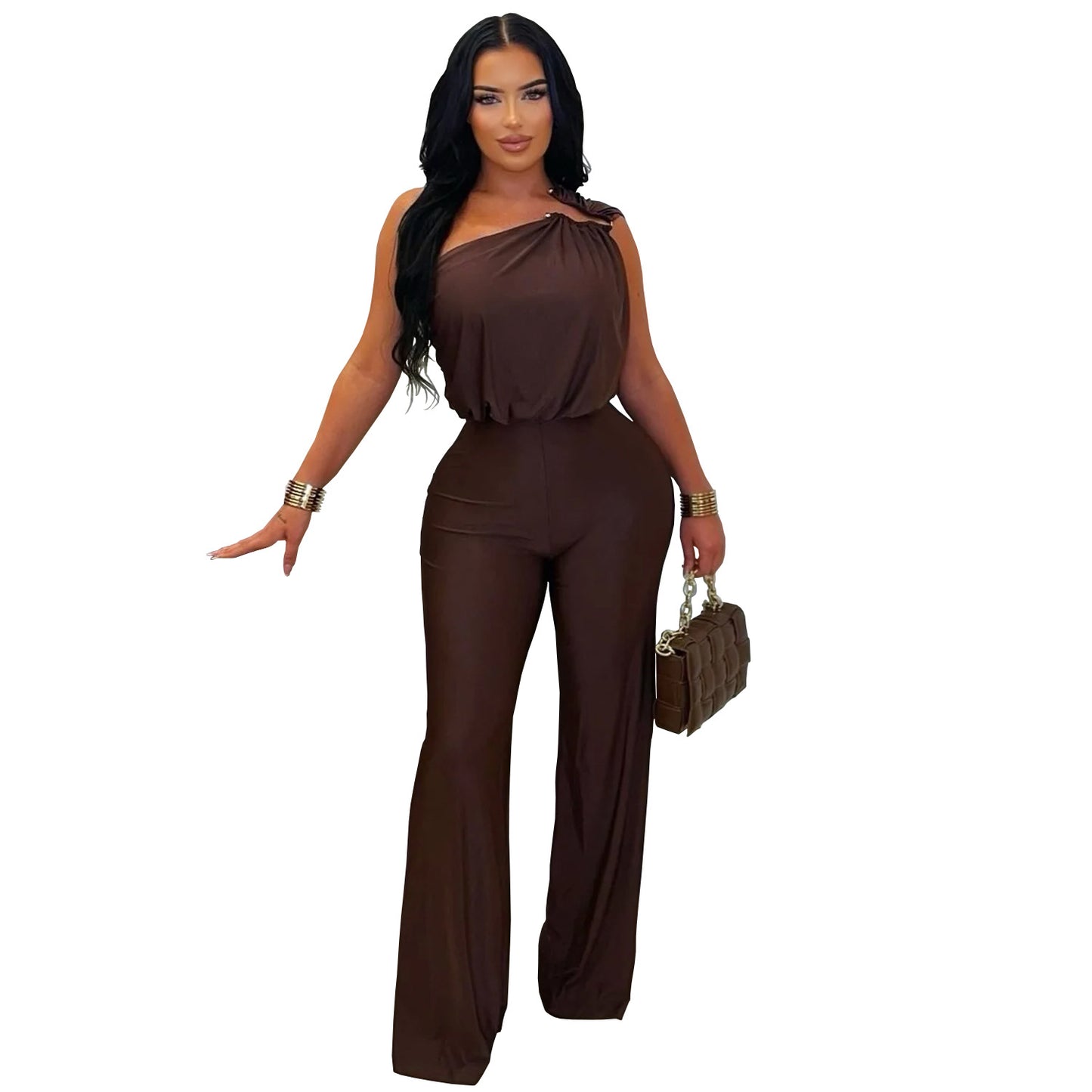 Chic One-Shoulder Wide-Leg Jumpsuit – Elegant Sleeveless Bodycon Romper for Women