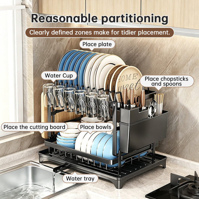 2-Tier Carbon Steel Dish Rack with Cutting Board & Utensil Holder