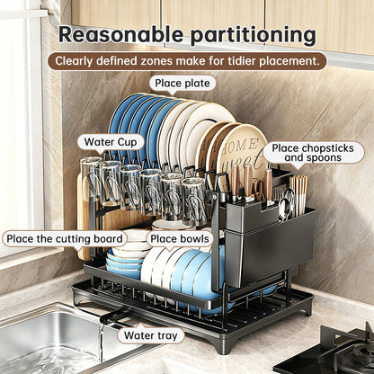 2-Tier Carbon Steel Dish Rack with Cutting Board & Utensil Holder