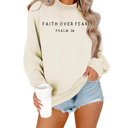 Inspirational 'Faith Over Fear' Letter Print Sweatshirt | Loose Fit Casual Pullover Top