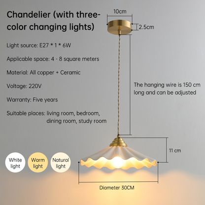 All-Copper Retro Rice-Hat Pendant Light – Elegant Floral Ceramic Chandelier for Bedroom & Cafe