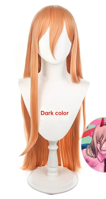 Chainsaw Man Power (Pawa) Cosplay Wig | Long Orange Layered Anime Wig with Horns