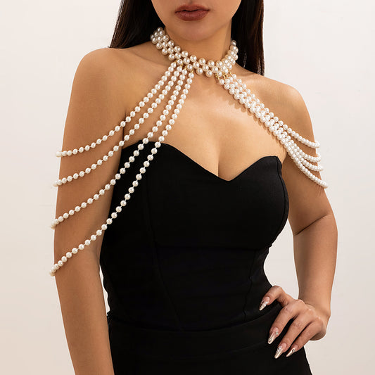 Elegant Tiered Pearl Shoulder & Chest Body Chain - Statement Bikini & Vacation Jewelry