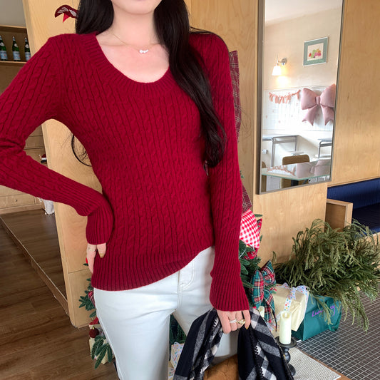 Trendy Gray Cable Knit V-Neck Sweater - Slim Fit Long Sleeve Top for Women