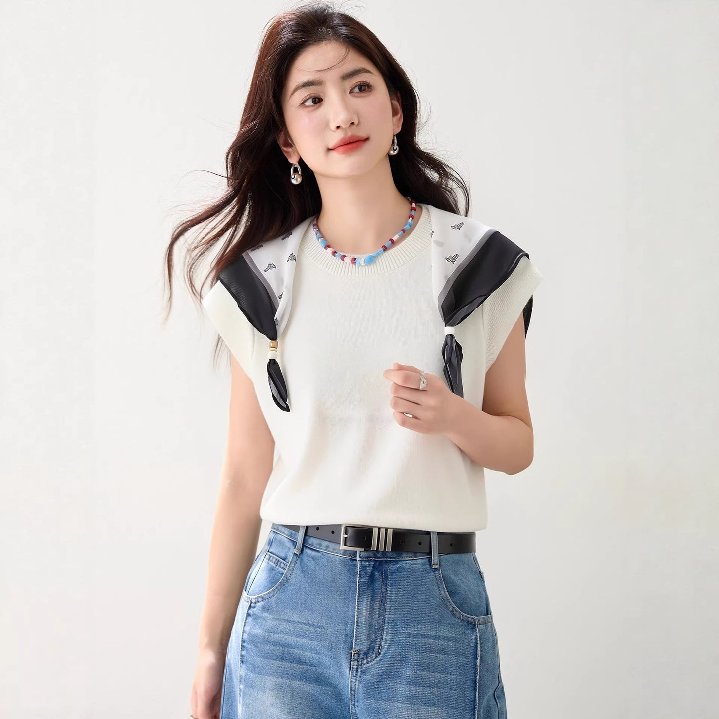Women's Fashionable Scarf Detail Knit Top - Elegant Slim Fit Summer Tee