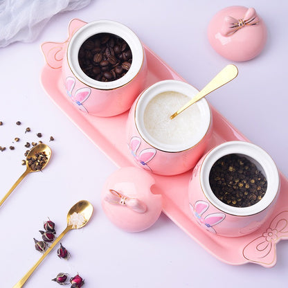 Cute Cartoon Rabbit Ceramic Spice Jar Set - 3 Pieces with Tray