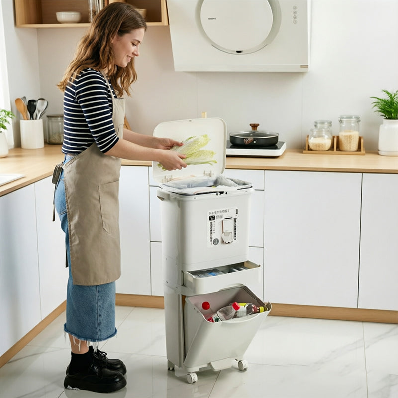 42L Kitchen Trash Can 3 Compartments with Pedal & Wheels