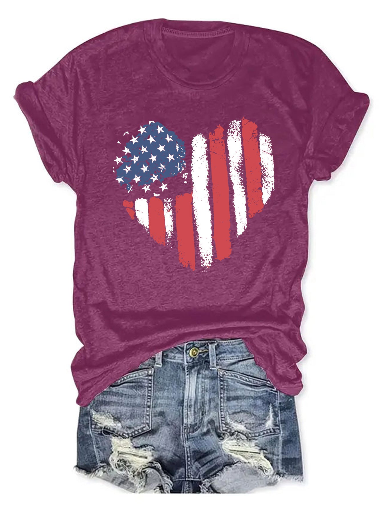 American Flag Heart Graphic T-Shirt | Patriotic Round Neck Short Sleeve Top