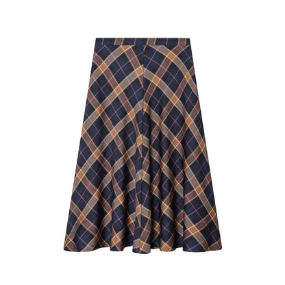 Classic Plaid Patterned A-Line Skirt - Elegant High-Waist Commuter Style Midi Skirt